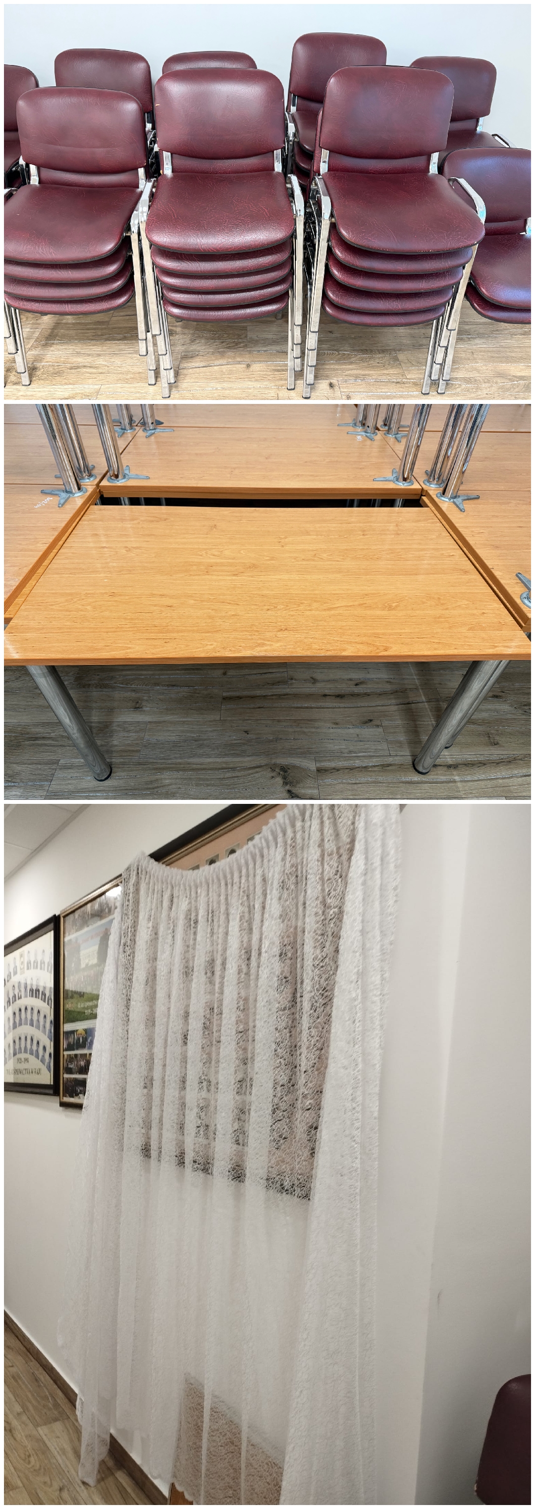 Sprzedaż starych krzeseł, stołów, firan